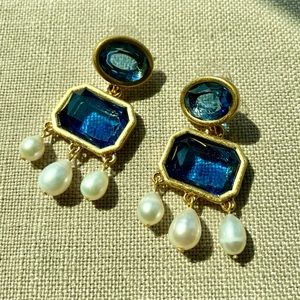 Oscar de la Renta Blue Chandelier Earrings with Pearl Drops
